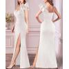 imageVFSHOW Womens Formal Prom Ruffle One Shoulder Strap Ruched Maxi Dress 2024 Sexy Twist Front Split Wedding Guest Evening GownOffwhite Lace