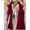 imageVFSHOW Womens Formal Prom Ruffle One Shoulder Strap Ruched Maxi Dress 2024 Sexy Twist Front Split Wedding Guest Evening GownSparkly Dark Red