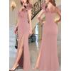 imageVFSHOW Womens Formal Prom Ruffle One Shoulder Strap Ruched Maxi Dress 2024 Sexy Twist Front Split Wedding Guest Evening GownSparkly Dusty Pink