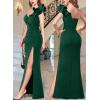 imageVFSHOW Womens Formal Prom Ruffle One Shoulder Strap Ruched Maxi Dress 2024 Sexy Twist Front Split Wedding Guest Evening GownSparkly Green