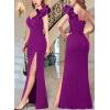 imageVFSHOW Womens Formal Prom Ruffle One Shoulder Strap Ruched Maxi Dress 2024 Sexy Twist Front Split Wedding Guest Evening GownSparkly Purple
