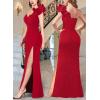 imageVFSHOW Womens Formal Prom Ruffle One Shoulder Strap Ruched Maxi Dress 2024 Sexy Twist Front Split Wedding Guest Evening GownSparkly Red