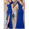 imageVFSHOW Womens Formal Prom Ruffle One Shoulder Strap Ruched Maxi Dress 2024 Sexy Twist Front Split Wedding Guest Evening GownSparkly Royal Blue
