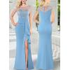 imageVFSHOW Womens Formal Ruched Ruffles Evening Prom Wedding Party Maxi DressFloral Embroiderylight Blue