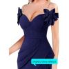 imageVFSHOW Womens Formal Spaghetti Strap Cold Shoulder Ruched Ruffle Slit Maxi Dress Sexy Sweetheart 3D Flower Prom Evening GownSparkly Dark Blue