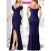 imageVFSHOW Womens Formal Spaghetti Strap Cold Shoulder Ruched Ruffle Slit Maxi Dress Sexy Sweetheart 3D Flower Prom Evening GownSparkly Dark Blue
