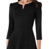 imageVFSHOW Womens Pleated Notch Neck Front Slit Buttons Pockets Office Business Work Slim Fit Aline Fit and Flare Midi DressBlack