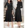 imageVFSHOW Womens Pleated Notch Neck Front Slit Buttons Pockets Office Business Work Slim Fit Aline Fit and Flare Midi DressBlack With White Stripes
