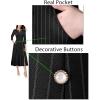 imageVFSHOW Womens Pleated Notch Neck Front Slit Buttons Pockets Office Business Work Slim Fit Aline Fit and Flare Midi DressBlack With White Stripes