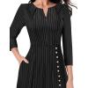 imageVFSHOW Womens Pleated Notch Neck Front Slit Buttons Pockets Office Business Work Slim Fit Aline Fit and Flare Midi DressBlack With White Stripes