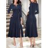 imageVFSHOW Womens Pleated Notch Neck Front Slit Buttons Pockets Office Business Work Slim Fit Aline Fit and Flare Midi DressDark Blue With White Stripes