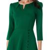 imageVFSHOW Womens Pleated Notch Neck Front Slit Buttons Pockets Office Business Work Slim Fit Aline Fit and Flare Midi DressGreen