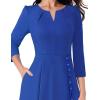 imageVFSHOW Womens Pleated Notch Neck Front Slit Buttons Pockets Office Business Work Slim Fit Aline Fit and Flare Midi DressLight Blue