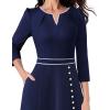 imageVFSHOW Womens Pleated Notch Neck Front Slit Buttons Pockets Office Business Work Slim Fit Aline Fit and Flare Midi DressNavy Blue and White Piping