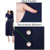 imageVFSHOW Womens Pleated Notch Neck Front Slit Buttons Pockets Office Business Work Slim Fit Aline Fit and Flare Midi DressNavy Blue and White Piping