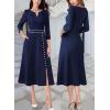 imageVFSHOW Womens Pleated Notch Neck Front Slit Buttons Pockets Office Business Work Slim Fit Aline Fit and Flare Midi DressNavy Blue and White Piping