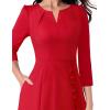 imageVFSHOW Womens Pleated Notch Neck Front Slit Buttons Pockets Office Business Work Slim Fit Aline Fit and Flare Midi DressRed