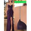 imageVFSHOW Womens Sexy Formal Ruched Fitted High Slit Bodycon Maxi Dress Spaghetti Strap Sweetheart Cocktail Prom Evening GownBlack With Purple Metallic Stitching