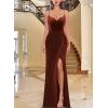 imageVFSHOW Womens Sexy Formal Ruched Fitted High Slit Bodycon Maxi Dress Spaghetti Strap Sweetheart Cocktail Prom Evening GownBurnt Orange Velvet