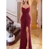 imageVFSHOW Womens Sexy Formal Ruched Fitted High Slit Bodycon Maxi Dress Spaghetti Strap Sweetheart Cocktail Prom Evening GownDark Red Knit