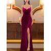imageVFSHOW Womens Sexy Formal Ruched Fitted High Slit Bodycon Maxi Dress Spaghetti Strap Sweetheart Cocktail Prom Evening GownDark Red Velvet