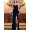 imageVFSHOW Womens Sexy Formal Ruched Fitted High Slit Bodycon Maxi Dress Spaghetti Strap Sweetheart Cocktail Prom Evening GownNavy Blue Velvet