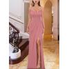 imageVFSHOW Womens Sexy Formal Ruched Fitted High Slit Bodycon Maxi Dress Spaghetti Strap Sweetheart Cocktail Prom Evening GownPeach Pink