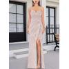 imageVFSHOW Womens Sexy Formal Ruched Fitted High Slit Bodycon Maxi Dress Spaghetti Strap Sweetheart Cocktail Prom Evening GownPink Stripes Knit