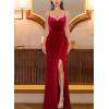 imageVFSHOW Womens Sexy Formal Ruched Fitted High Slit Bodycon Maxi Dress Spaghetti Strap Sweetheart Cocktail Prom Evening GownRed Velvet