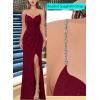 imageVFSHOW Womens Sexy Formal Ruched Fitted High Slit Bodycon Maxi Dress Spaghetti Strap Sweetheart Cocktail Prom Evening GownSparkly Dark Red