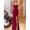 imageVFSHOW Womens Sexy Formal Ruched Fitted High Slit Bodycon Maxi Dress Spaghetti Strap Sweetheart Cocktail Prom Evening GownSparkly Dark Redd