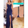 imageVFSHOW Womens Sexy Formal Ruched Fitted High Slit Bodycon Maxi Dress Spaghetti Strap Sweetheart Cocktail Prom Evening GownSparkly Navy Blueb