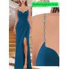 imageVFSHOW Womens Sexy Formal Ruched Fitted High Slit Bodycon Maxi Dress Spaghetti Strap Sweetheart Cocktail Prom Evening GownSparkly Peacock Blue