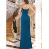 imageVFSHOW Womens Sexy Formal Ruched Fitted High Slit Bodycon Maxi Dress Spaghetti Strap Sweetheart Cocktail Prom Evening GownSparkly Peacock Blue