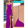imageVFSHOW Womens Sexy Formal Ruched Fitted High Slit Bodycon Maxi Dress Spaghetti Strap Sweetheart Cocktail Prom Evening GownSparkly Purple