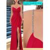imageVFSHOW Womens Sexy Formal Ruched Fitted High Slit Bodycon Maxi Dress Spaghetti Strap Sweetheart Cocktail Prom Evening GownSparkly Red