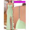 imageVFSHOW Womens Sexy Formal Ruched Fitted High Slit Bodycon Maxi Dress Spaghetti Strap Sweetheart Cocktail Prom Evening GownSparkly Sage Green