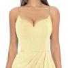 imageVFSHOW Womens Sexy Formal Ruched Fitted High Slit Bodycon Maxi Dress Spaghetti Strap Sweetheart Cocktail Prom Evening GownTextured Light Yellow
