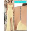 imageVFSHOW Womens Sexy Formal Ruched Fitted High Slit Bodycon Maxi Dress Spaghetti Strap Sweetheart Cocktail Prom Evening GownTextured Light Yellow