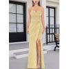 imageVFSHOW Womens Sexy Formal Ruched Fitted High Slit Bodycon Maxi Dress Spaghetti Strap Sweetheart Cocktail Prom Evening GownYellow Stripes Knit