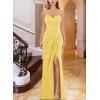imageVFSHOW Womens Sexy Formal Ruched Fitted High Slit Bodycon Maxi Dress Spaghetti Strap Sweetheart Cocktail Prom Evening GownYellow Textured Mesh