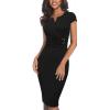 imageVFSHOW Womens Elegant Notch V Neck Ruched Work Office Business Church Bodycon Sheath DressBlack
