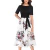imageVFSHOW Womens Elegant Patchwork Pockets Pleated Work Office Business Casual Party Belted ALine Midi DressBlack  Offwhite Floral Print