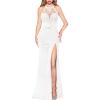 imageVFSHOW Womens Formal Illusion Halter Keyhole Back Prom High Slit Maxi Dress Wedding Guest Applique Twist Front Evening GownOffwhite Texture Fabric