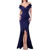 imageVFSHOW Womens Formal Spaghetti Strap Cold Shoulder Ruched Ruffle Slit Maxi Dress Sexy Sweetheart 3D Flower Prom Evening GownSparkly Dark Blue