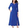 imageVFSHOW Womens Pleated Notch Neck Front Slit Buttons Pockets Office Business Work Slim Fit Aline Fit and Flare Midi DressLight Blue