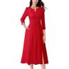 imageVFSHOW Womens Pleated Notch Neck Front Slit Buttons Pockets Office Business Work Slim Fit Aline Fit and Flare Midi DressRed