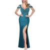 imageVFSHOW Womens Sexy Deep V Neck Ruched High Slit Formal Prom Maxi Dress 2023 Cold Shoulder Special Occasion Evening Long GownSparkly Peacock Blueb
