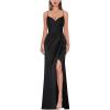 imageVFSHOW Womens Sexy Formal Ruched Fitted High Slit Bodycon Maxi Dress Spaghetti Strap Sweetheart Cocktail Prom Evening GownBlack Knit