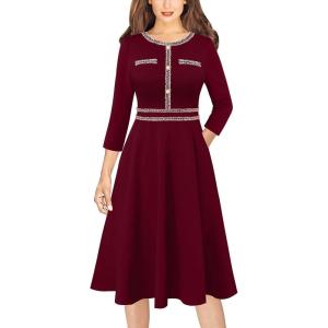 imageVFSHOW Womens Button Pockets Wear to Work Office Business Vintage Church Fit and Flare A Line DressDark Red